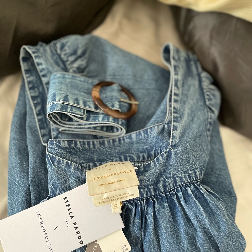 Denim midi belted dress with sleeves and pockets NWT - Picture 4 of 9